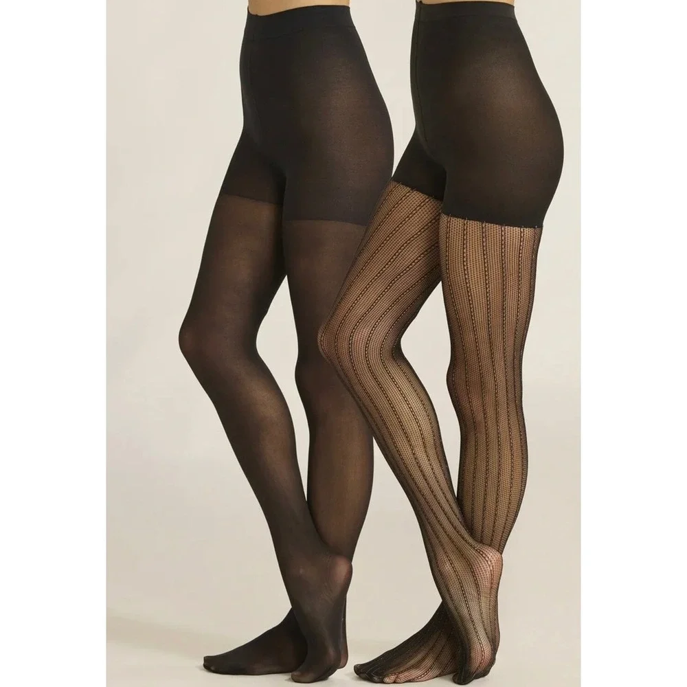 Joyspun Black Tights Womens Size Large 2 Pair Fishnet & Opaque